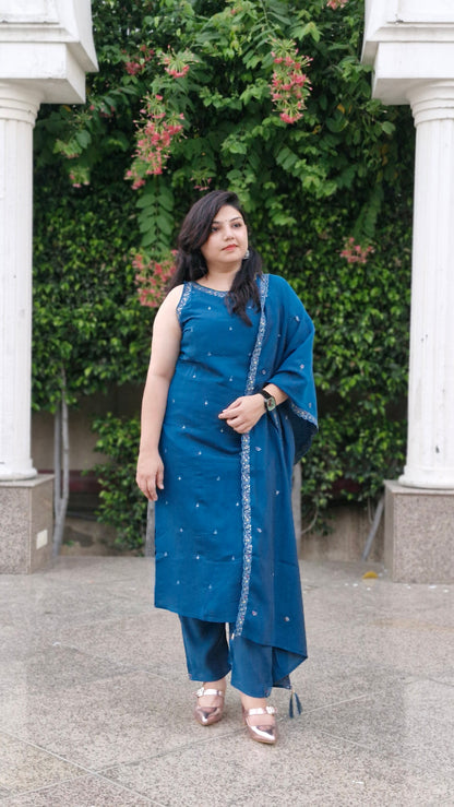 Teal Blue Embellished Kurta Set with Dupatta