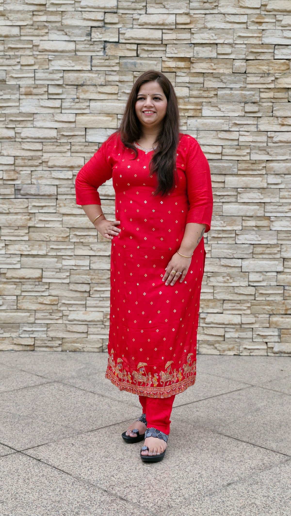 Scarlet Regalia: Embroidered Silk Suit Set