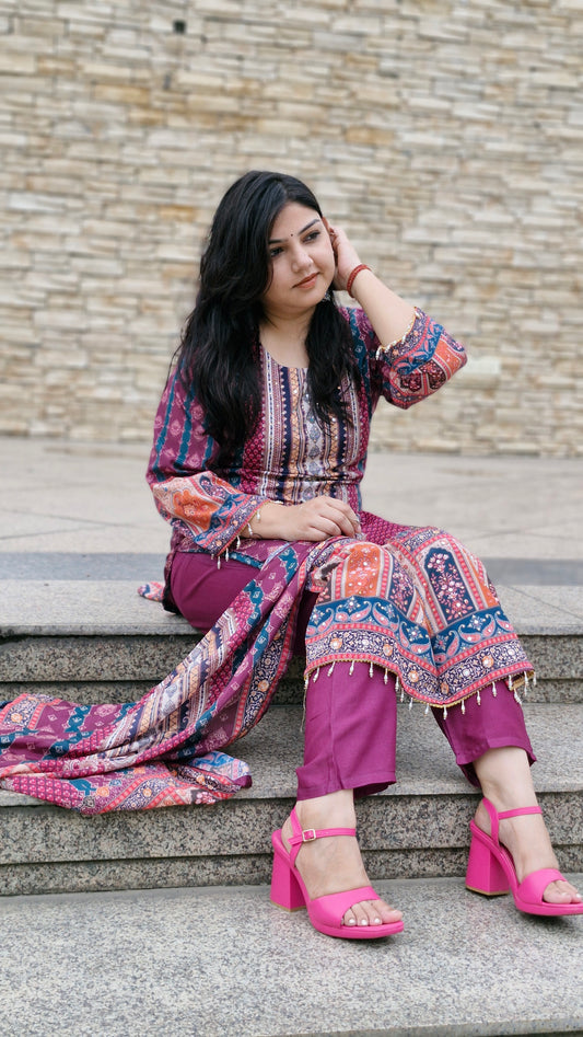 Magenta Multi-Print Dola Silk Suit Set