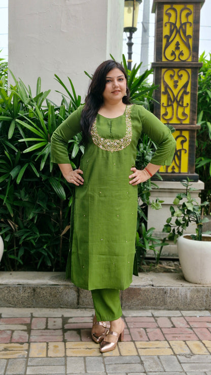 Olive Green Dola Silk Embroidered Suit Set