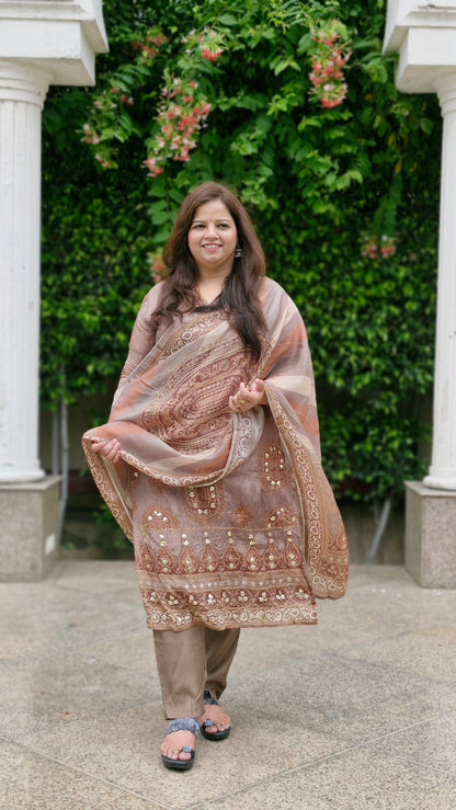Golden Brown Embroidered tissue Silk Suit Set