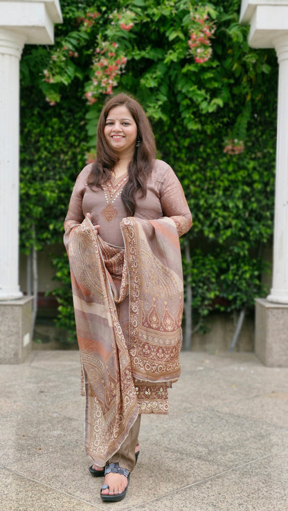 Golden Brown Embroidered tissue Silk Suit Set