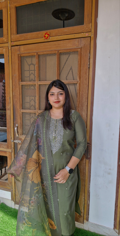 Olive Bloom Mirror Work Suit Set