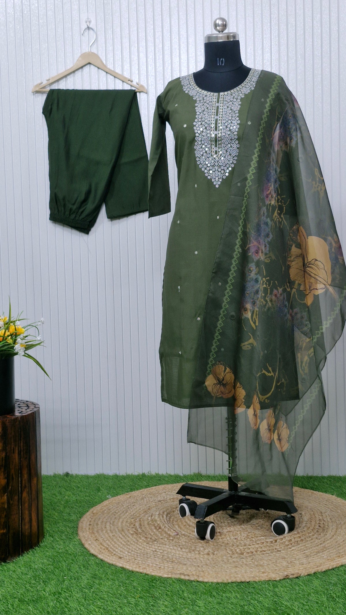Olive Bloom Mirror Work Suit Set