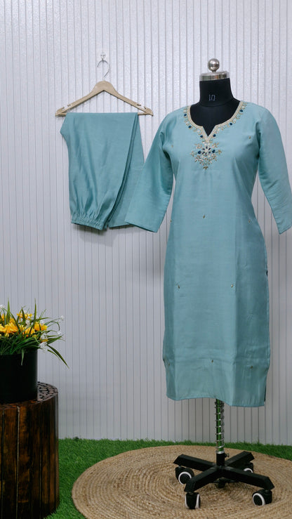 "Aqua Serenity" - Elegant Embroidered Kurta Set