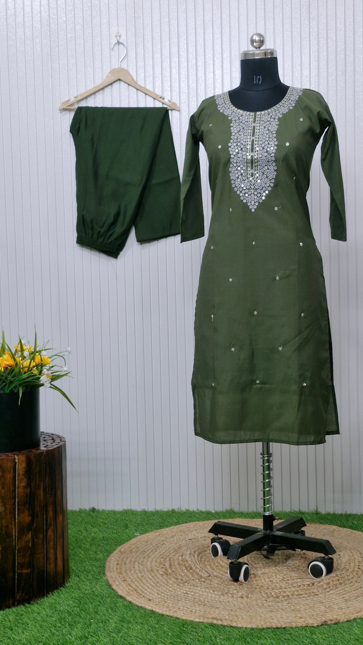 Olive Bloom Mirror Work Suit Set