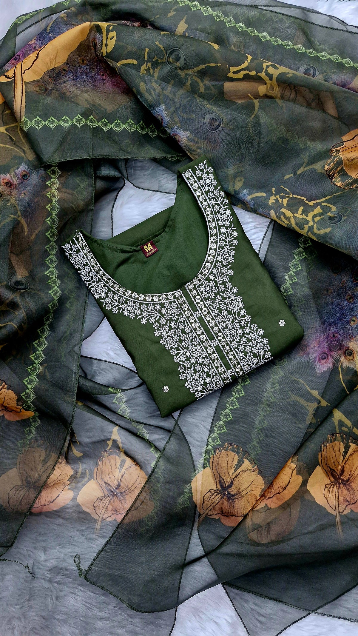 Olive Bloom Mirror Work Suit Set